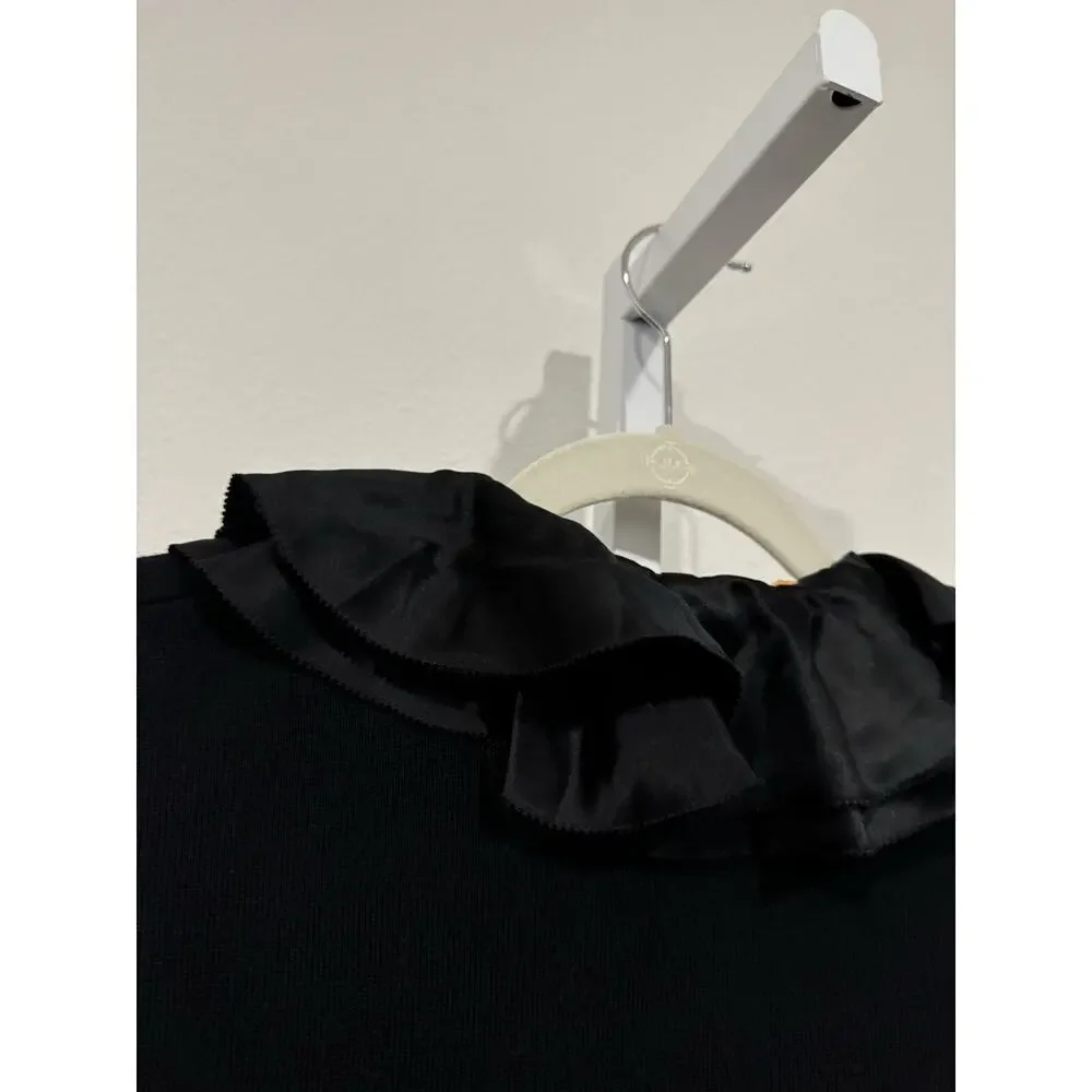 Tory Burch Black V-Neck Sweater with Removable Silk Collar and Cuffs Size L